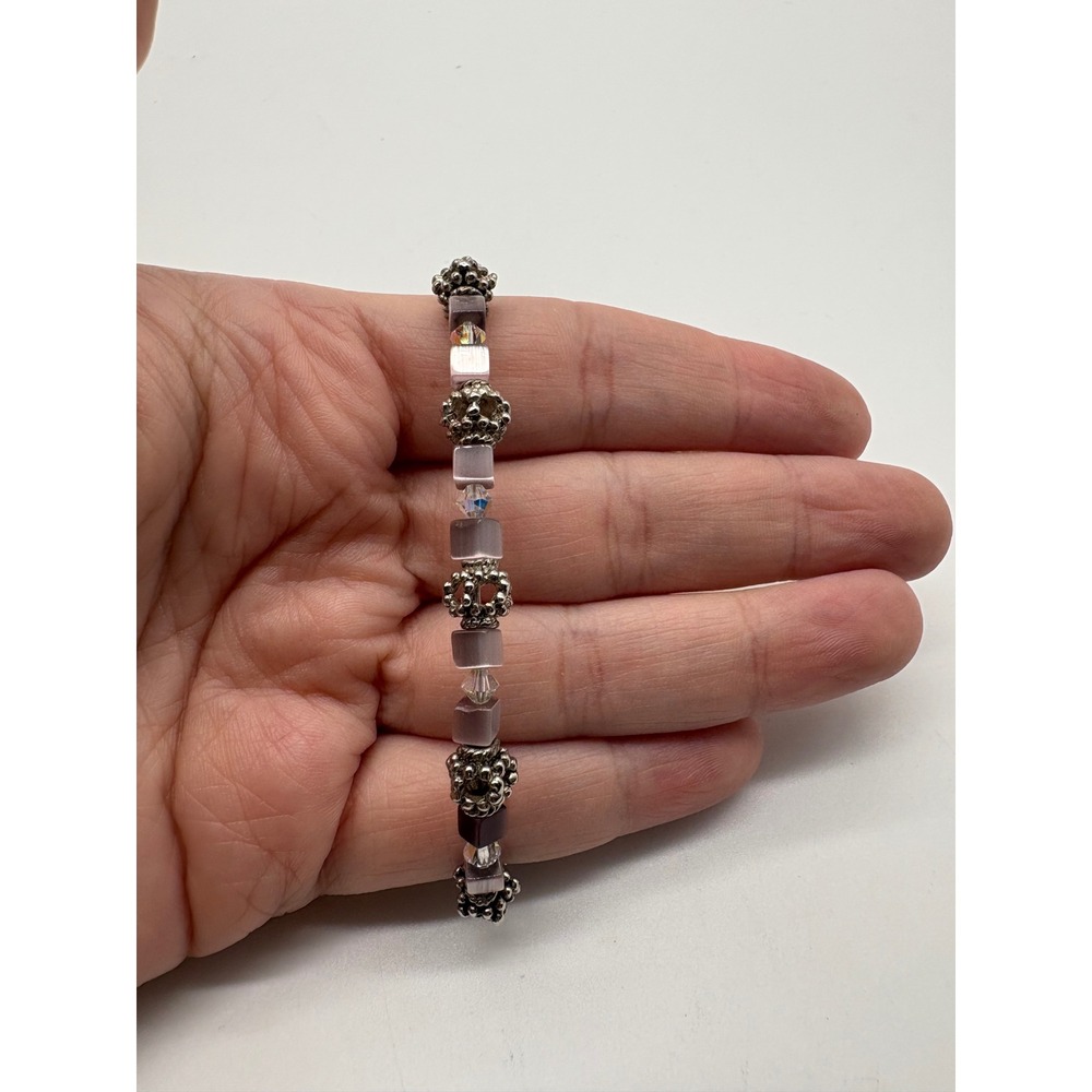 Mauve Cats‎ Eye Glass Cube & Crystal Beaded Silver Tone Toggle Bracelet 7 Inch